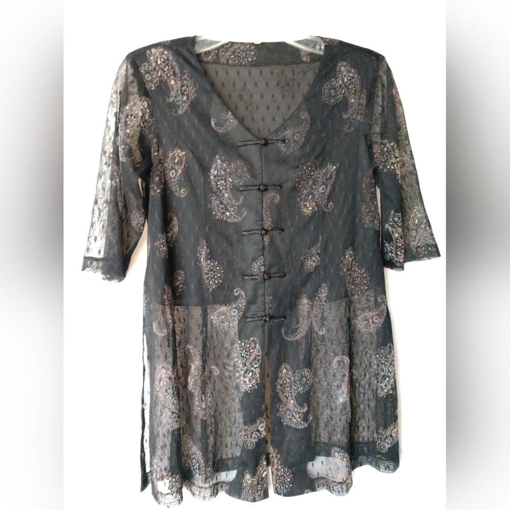 Asian Inspired Women's Top Sheer Black Lace Knot Buttons Size Small